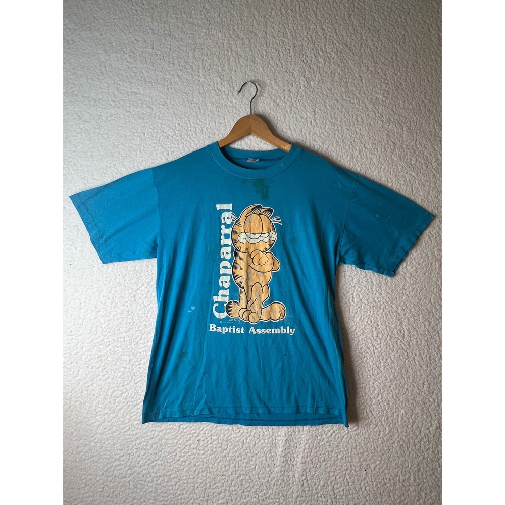 Vintage 1978 Garfield Velva Sheen T Shirt Blue Single Stitch Chaparral Baptist L